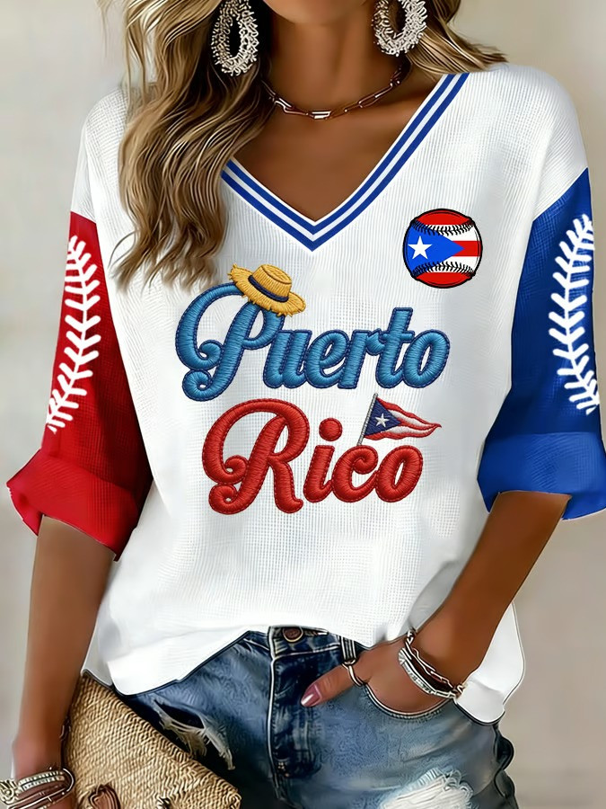 Puerto Rico WBC 2026 Boricua Long Sleeve V-Neck Shirt Fan Gear Puerto Rican Pride Best Gift For Her