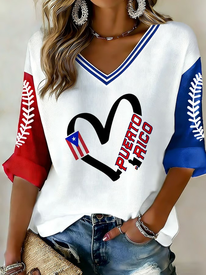 Puerto Rico WBC 2026 Heart Baseball V-Neck Long Sleeve Shirt Puerto Rican Pride Fan Gear Best Gift For Supporters