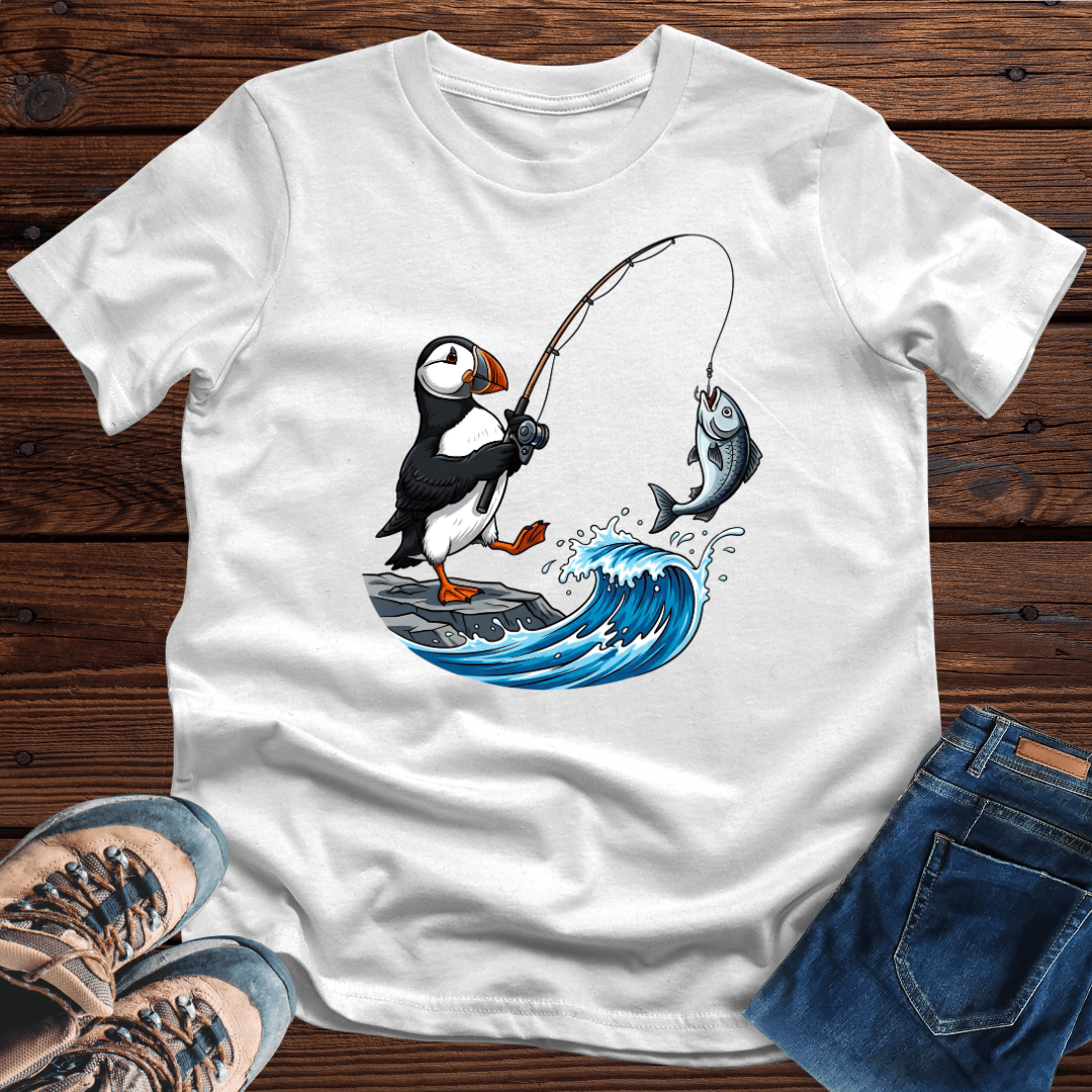 Puffin Fisher On Rock T-Shirt Cool Puffin Fishing Cartoon Merch Gifts For Enthusiasts