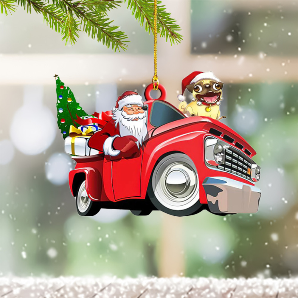 Pug And Santa On Red Truck Christmas Ornament Pug Dog Tree Xmas Decorations