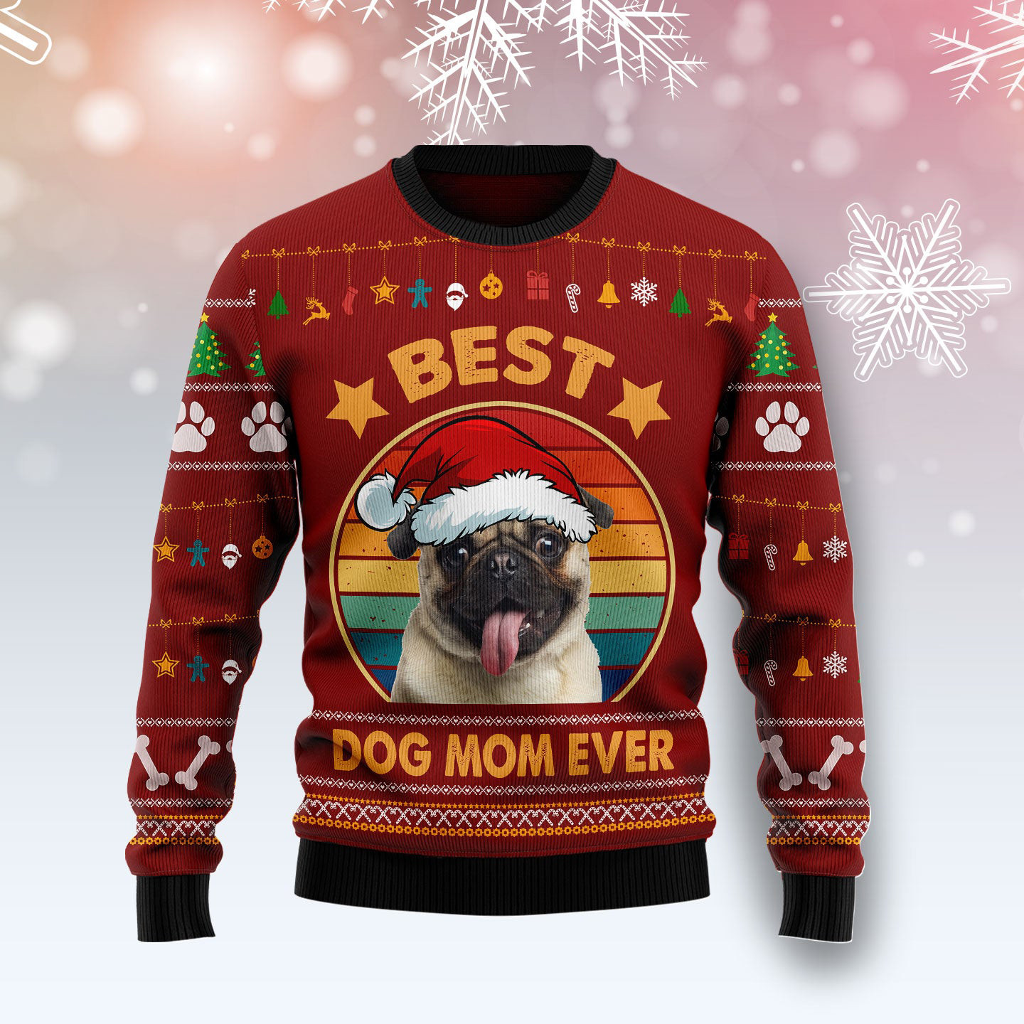 Pug Best Dog Mom Ever Ugly Christmas Sweater Dog Themed Warm Clothes For Winter