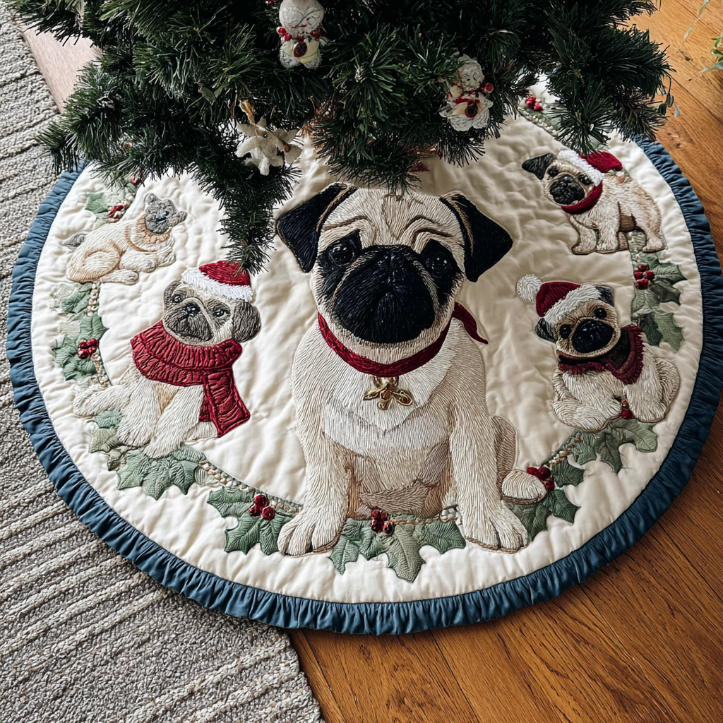 Pug Charm Christmas Quilted Tree Skirt Home Essential Gift Quilted Tree Skirt with Style