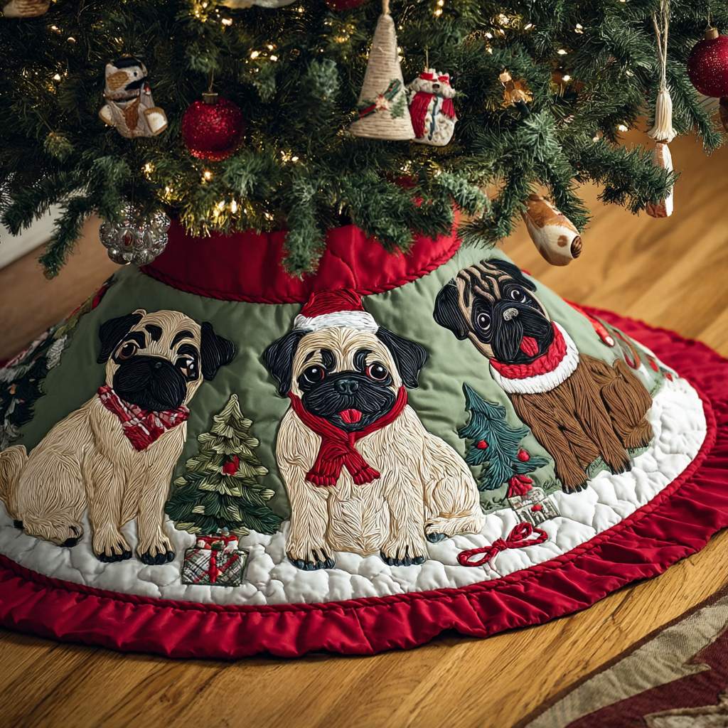 Pug Cheer Christmas Quilted Tree Skirt Charming Tree Skirt for Family Gatherings