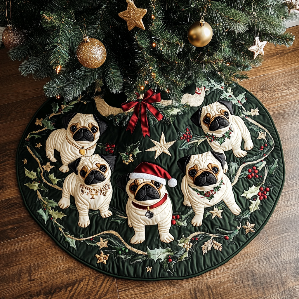 Pug Cheer Christmas Quilted Tree Skirt Luxury Quilted Christmas Tree Skirt for Family Celebration