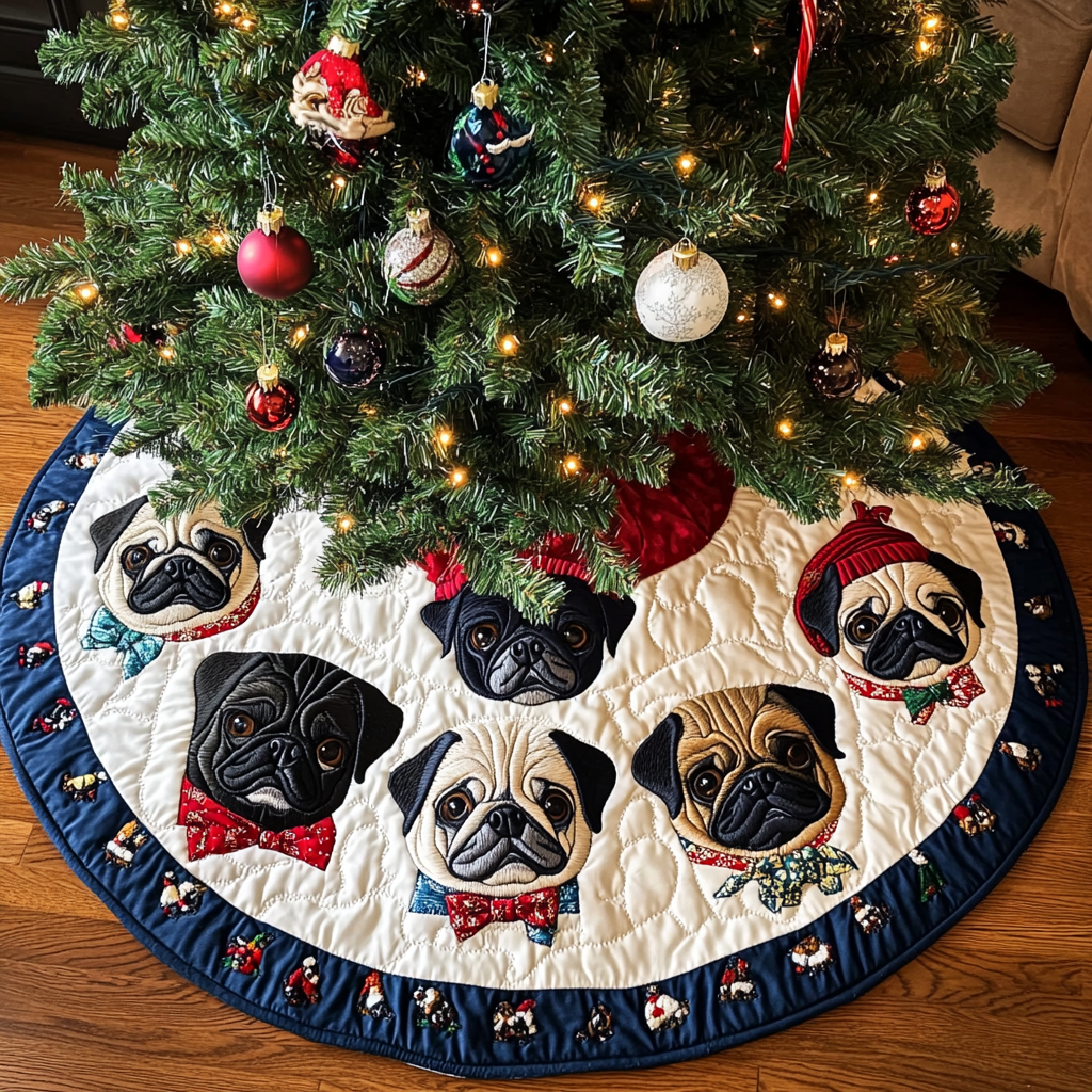 Pug Christmas Charm Christmas Quilted Tree Skirt Christmas Tree Base Cover Christmas Gifts For A Household