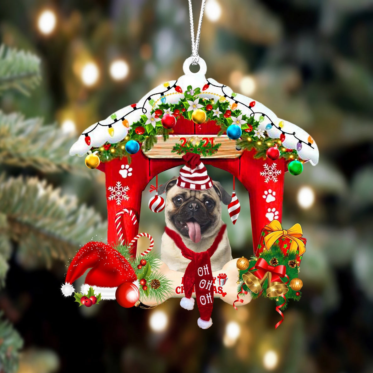 Pug Christmas House Custom Shaped Two Sided Ornament