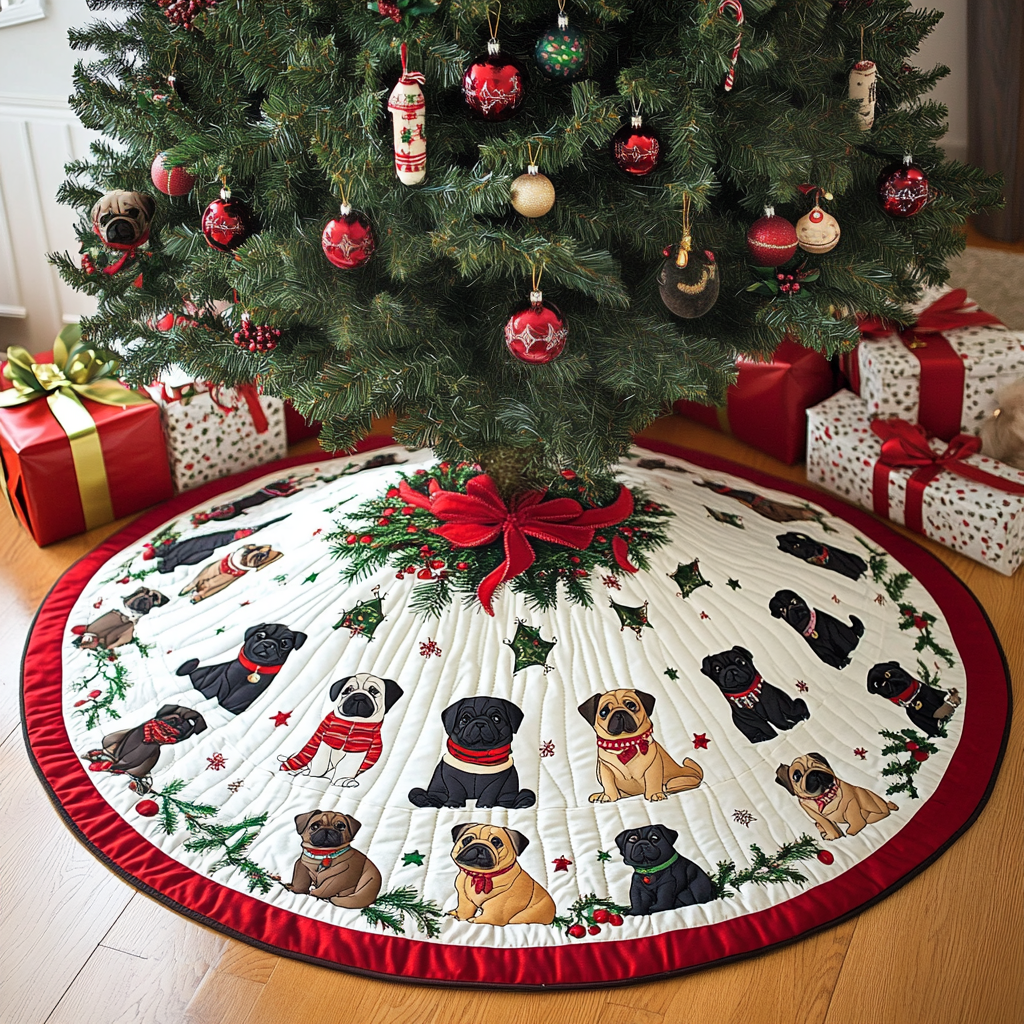 Pug Christmas Joy Christmas Quilted Tree Skirt Popular Gift Merch for Christmas Enthusiasts