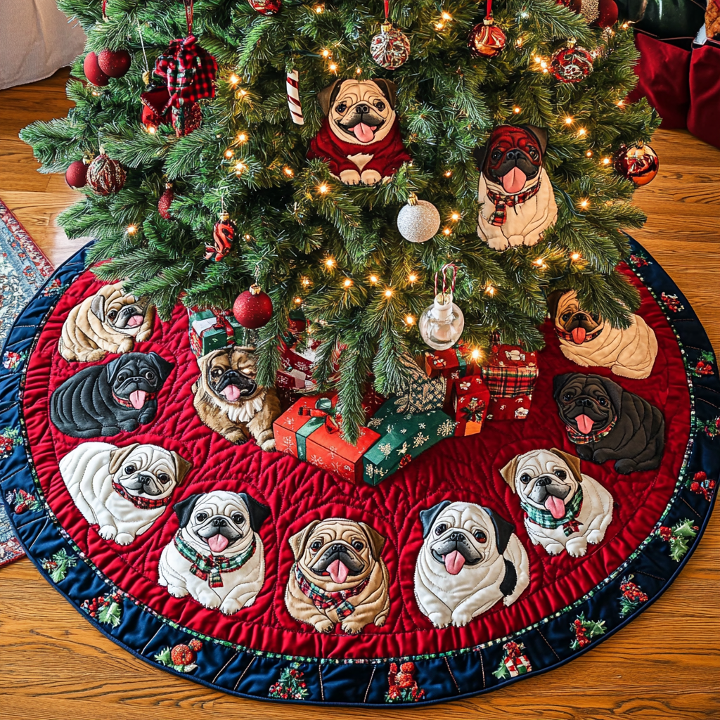 Pug Christmas Joy Christmas Quilted Tree Skirt Trending Christmas Tree Skirt Merch 2025