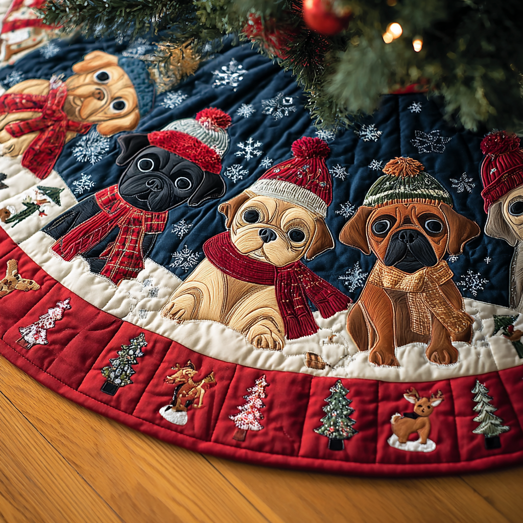 Pug Delight Christmas Quilted Tree Skirt Xmas Tree Bottom Cover Christmas Gifts For Pug Lovers