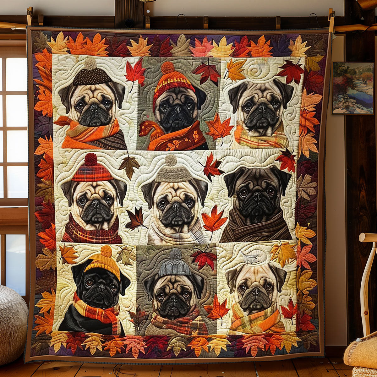 Pug Dogs And Autumn Leaves Quilt Blanket Couch Blanket Great Gifts For Mom
