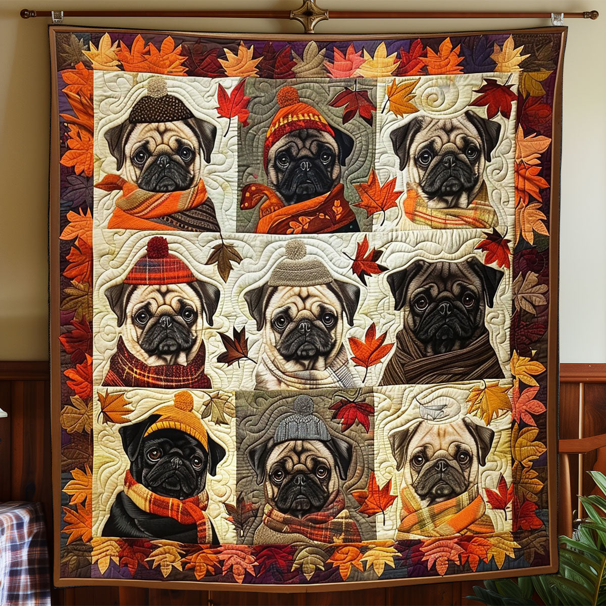 Pug Dogs And Autumn Leaves Quilt Blanket Sofa Throws Cute Gifts For Dog Lovers Owners
