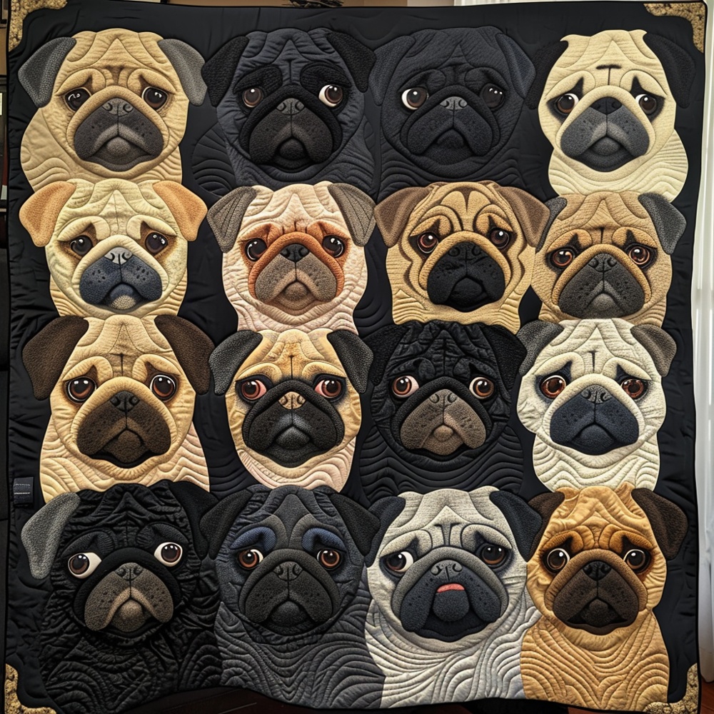 Pug Face Collage Quilted Blanket Cute Dog Graphic Art Cozy Throw Bedding Best Gift For Pug Owners