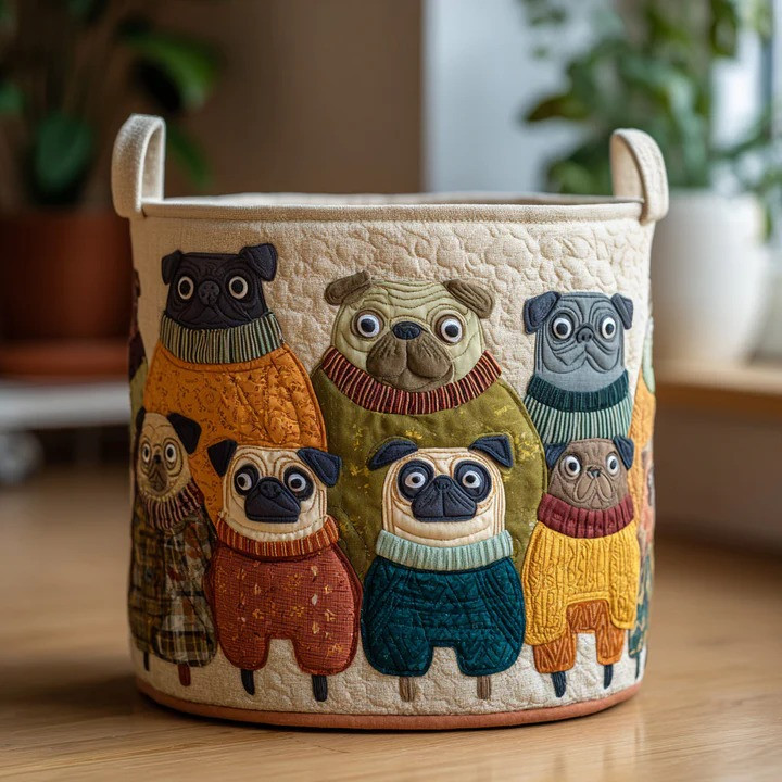 Pug Friends Quilted Laundry Basket Cute Dog Duo Home Organizer Best Gift For Pug Dog Owners