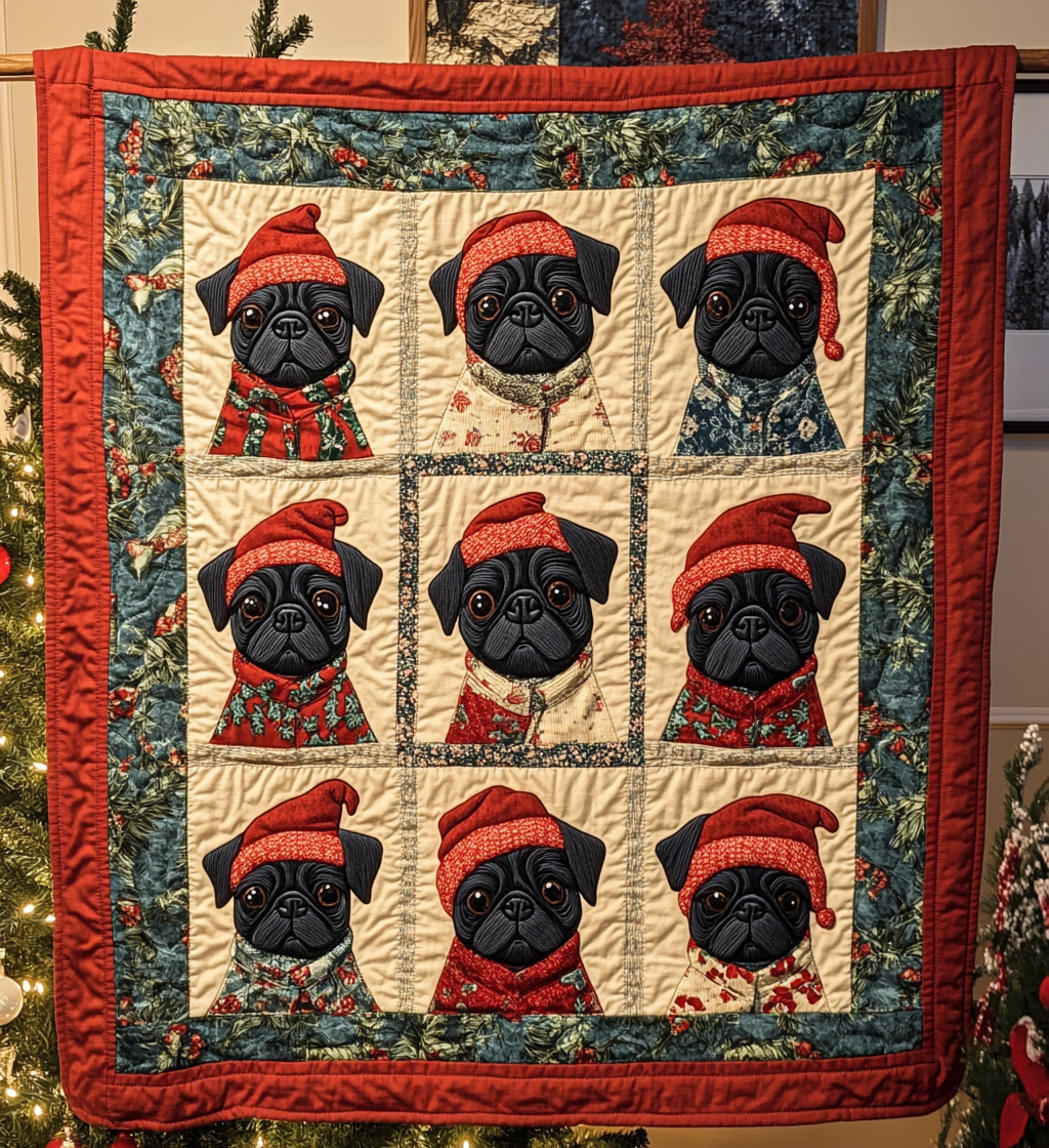 Pug Frosty Fun Quilted Blanket Gifts For Pug Owners