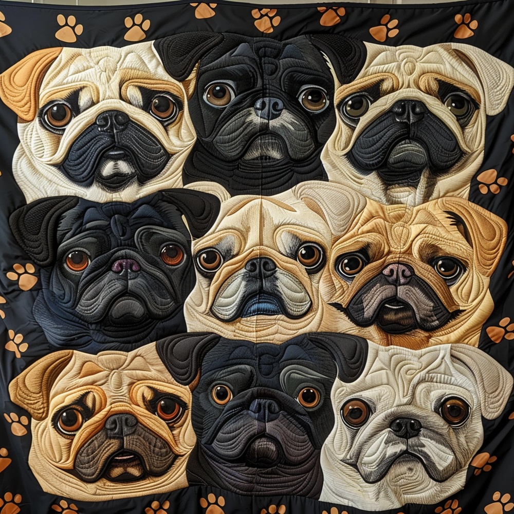 Pug Gallery Quilted Blanket Paw Print Art Cozy Bedding Warm Throw Best Gift For Pug Dog Lovers