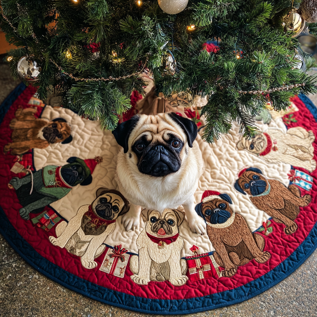 Pug Holiday Christmas Quilted Tree Skirt Colorful Quilted Tree Skirt for a Joyful Holiday Atmosphere