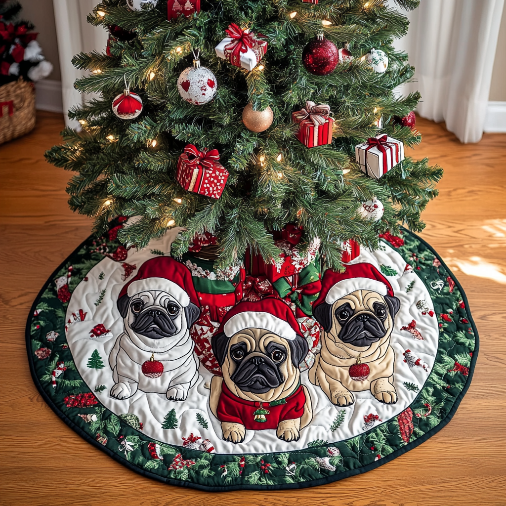 Pug Holiday Christmas Quilted Tree Skirt Lovely Gift Merch for a Festive Home
