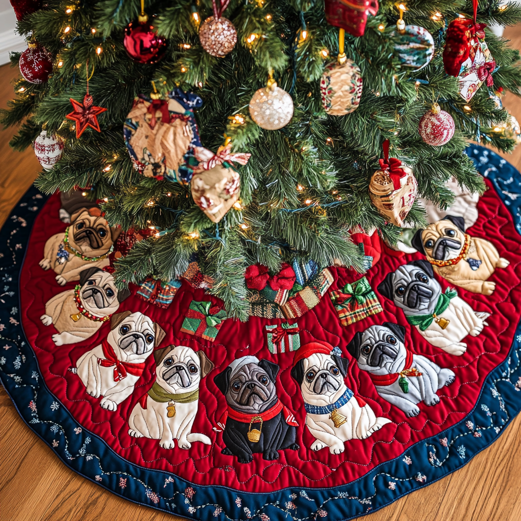 Pug Holiday Joy Christmas Quilted Tree Skirt Christmas Tree Skirt Mini Xmas Gift For My Daughter
