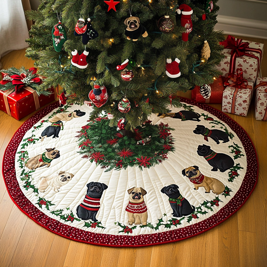 Pug Holiday Joy Christmas Quilted Tree Skirt Trending Christmas Tree Skirt Merch 2025