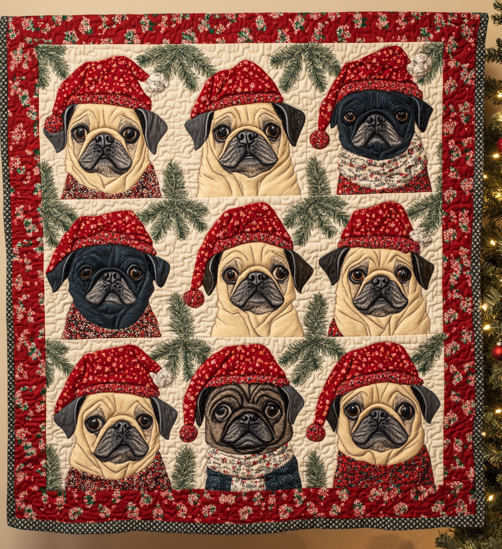 Pug Holiday Joy Quilted Blanket Gifts For Pug Owners