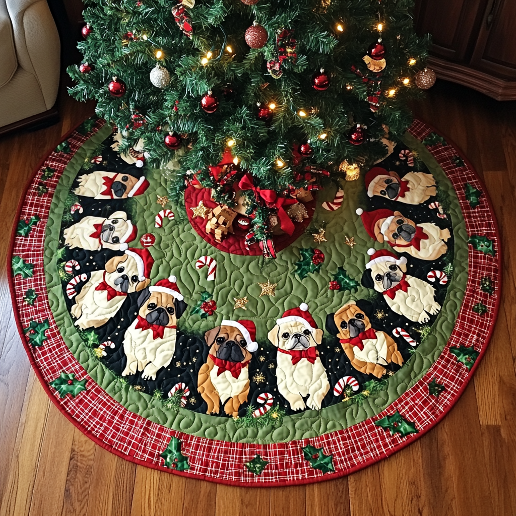 Pug Holiday Spirit Christmas Quilted Tree Skirt Lovely Gift Merch for a Festive Home