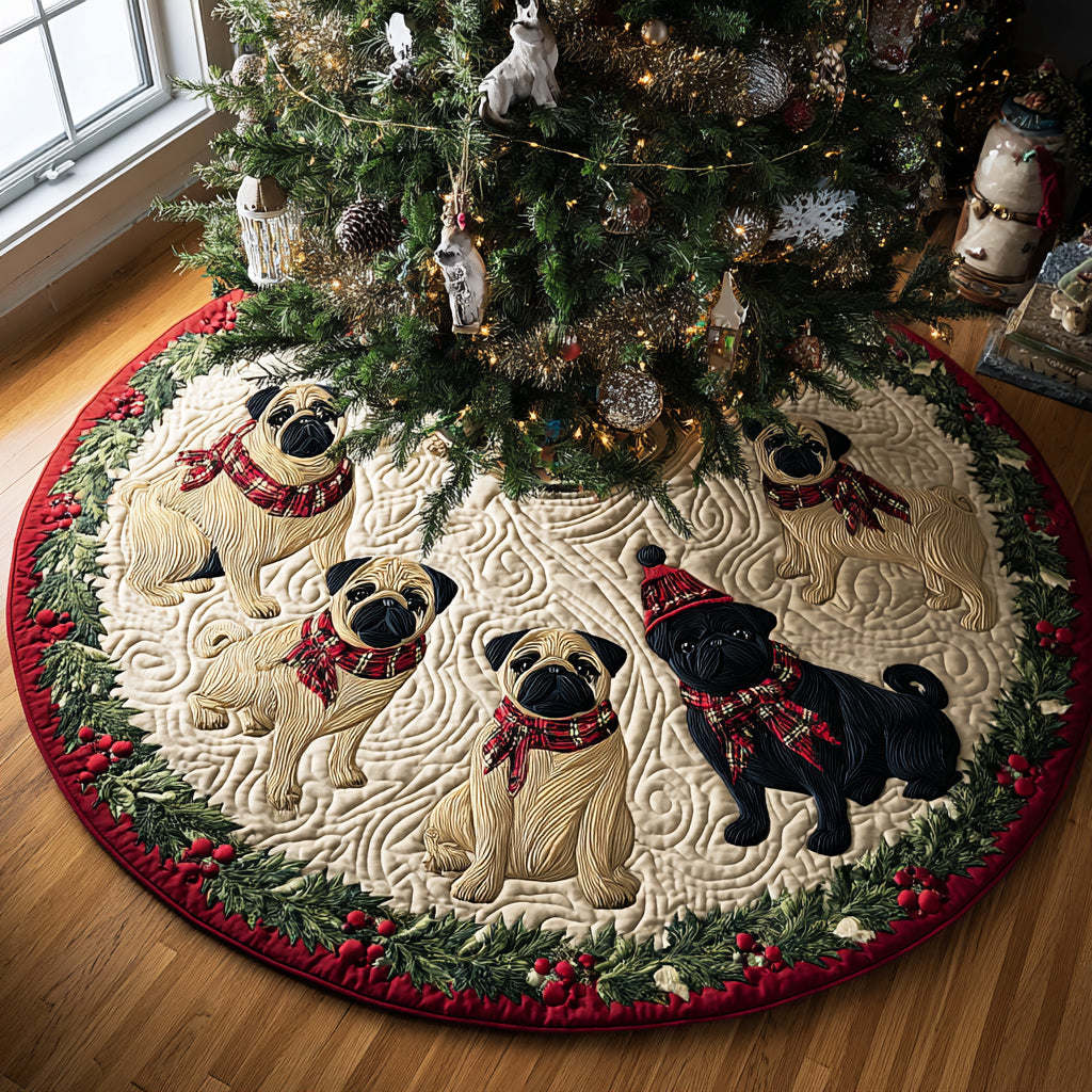 Pug Holly Quilted Christmas Tree Skirt Cozy Holiday Tree Skirt to Brighten Your Home