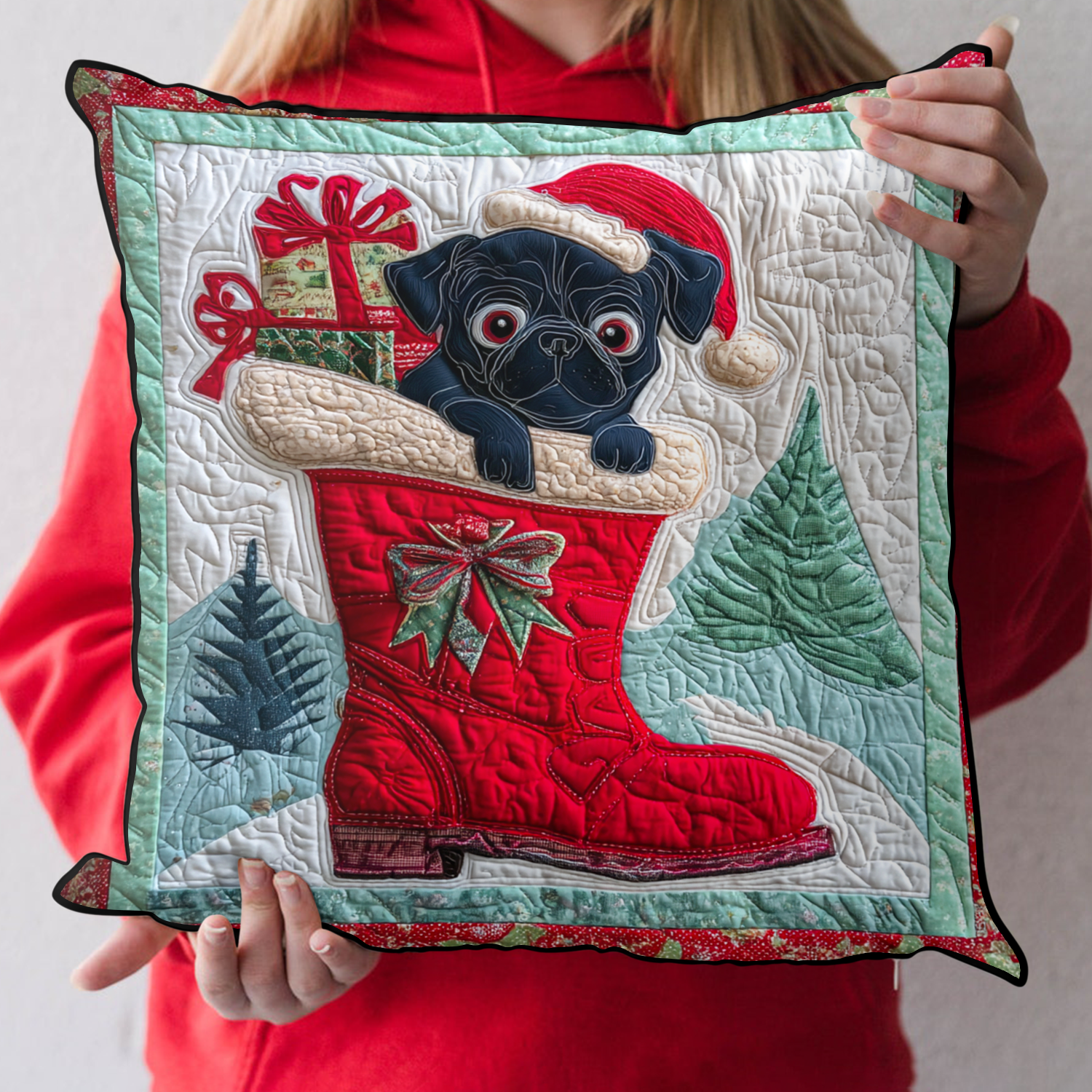 Pug In Boot Quilted Pillow Case Holiday Throw Pillow Covers Dog Gifts For Dog Lovers