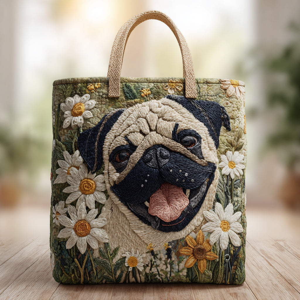 Pug in Daisies Quilted Tote Bag Family Gift Ideas For Christmas