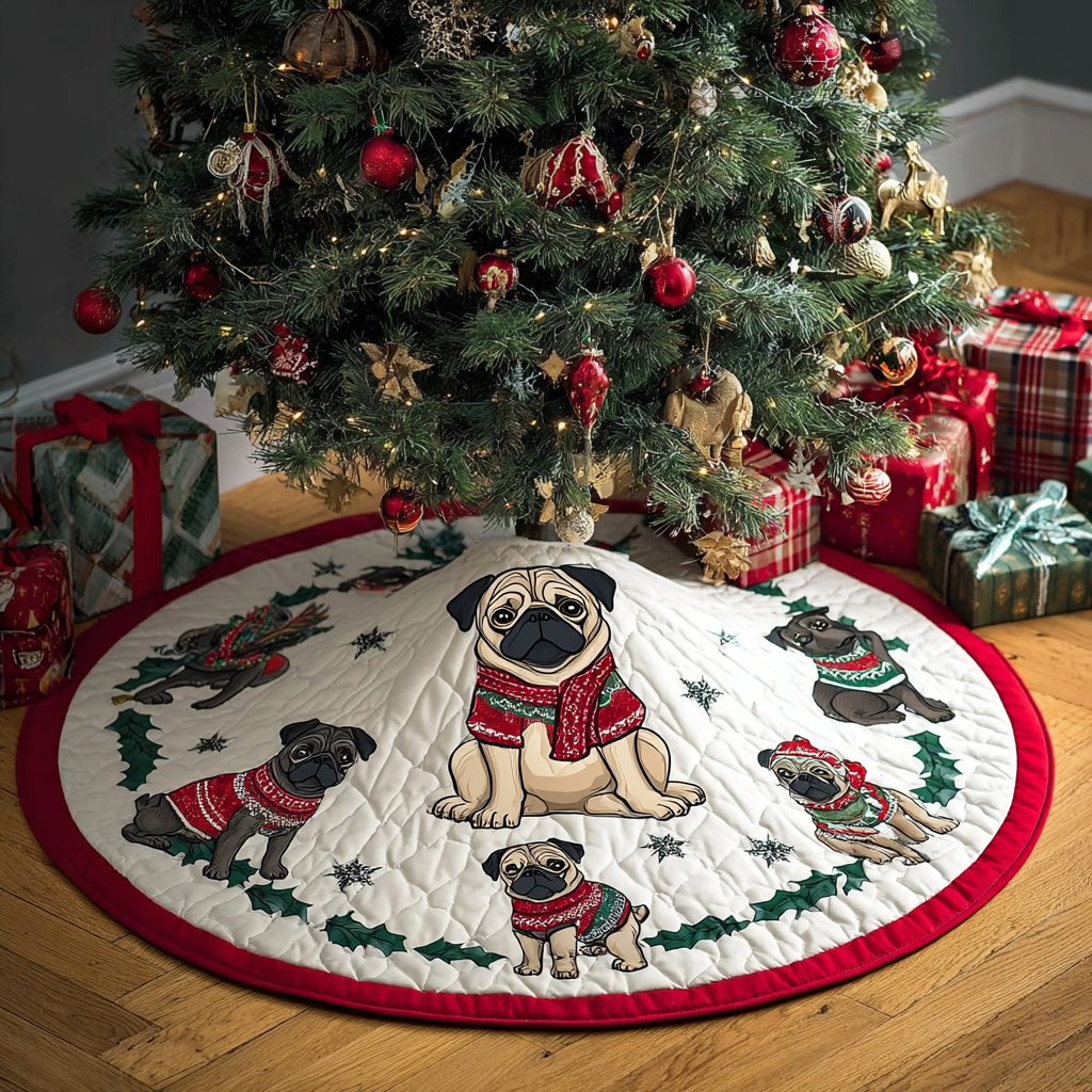 Pug Joy Christmas Quilted Tree Skirt Xmas Tree Stand Cover Gifts For People Who Love Pugs