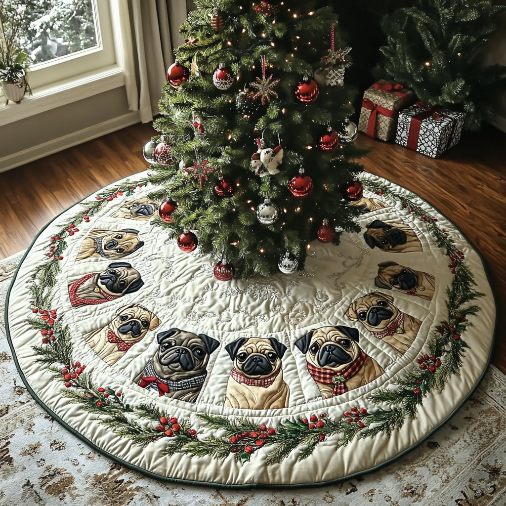 Pug Joy Quilted Christmas Tree Skirt Exclusive Holiday Tree Skirt Gift for Families