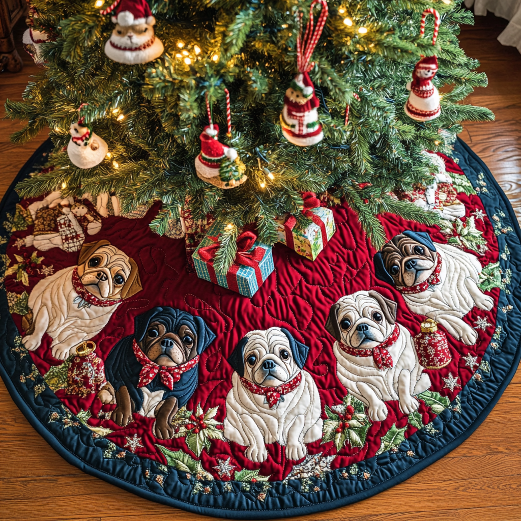 Pug Noel Christmas Quilted Tree Skirt Cozy Holiday Tree Skirt to Brighten Your Home
