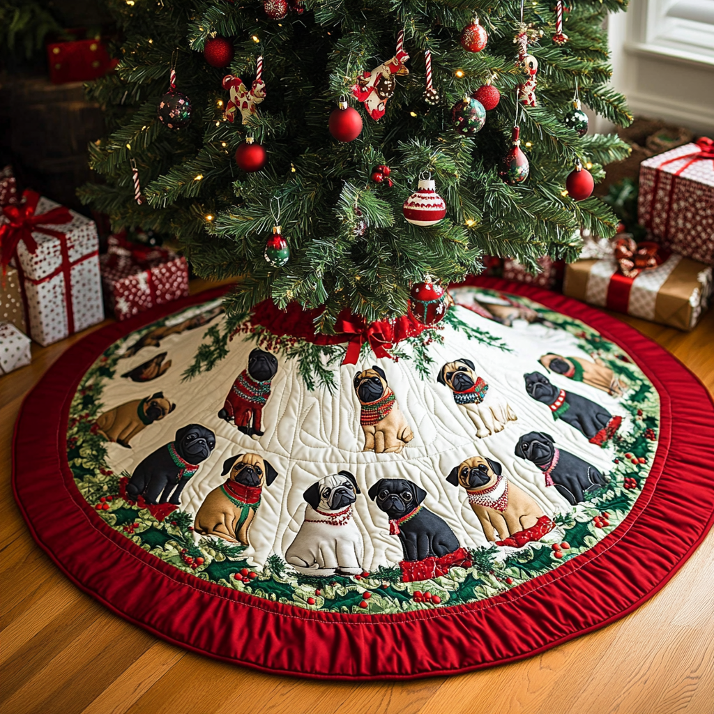 Pug Noel Night Christmas Quilted Tree Skirt Perfect Merch Gift Tree Skirt for Holiday Season