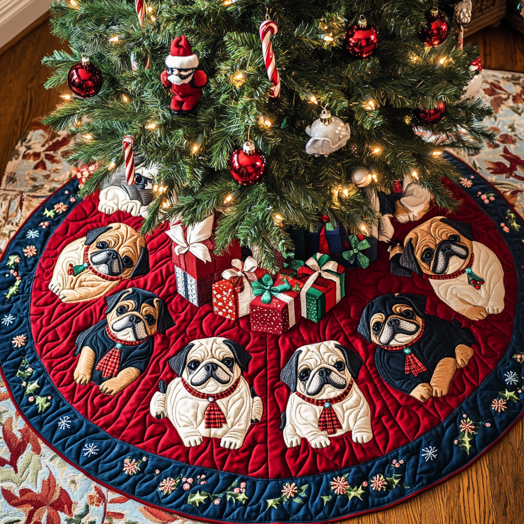 Pug Noel Night Christmas Quilted Tree Skirt Trending Christmas Tree Skirt Merch 2025