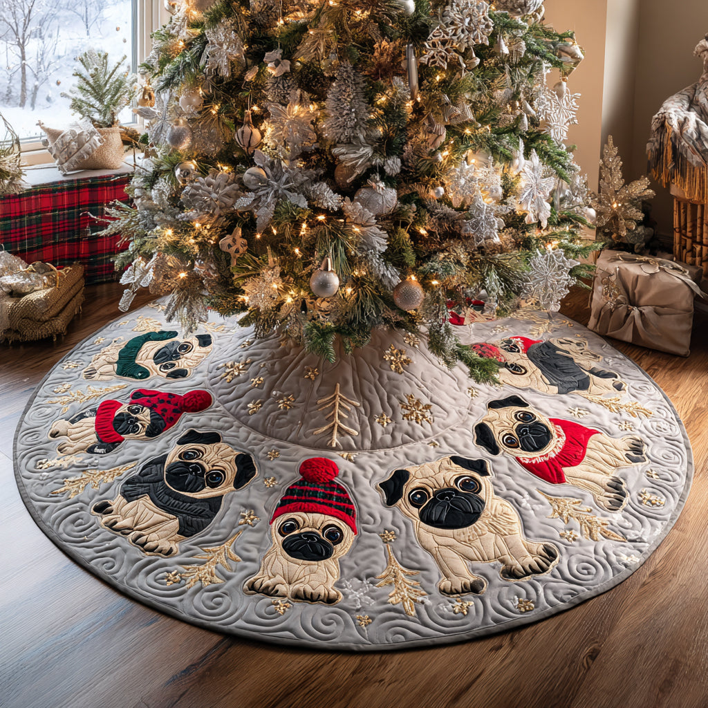 Pug Parade Quilted Christmas Tree Skirt Adorable Holiday Tree Skirt for Cozy Spaces