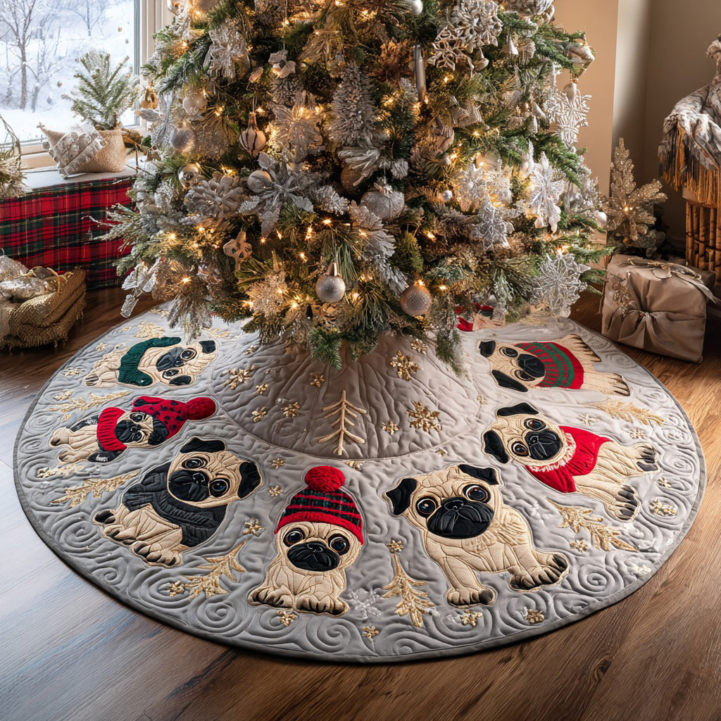 Pug Parade Quilted Christmas Tree Skirt Xmas Tree Cover Base Gift Ideas For Pug Lovers
