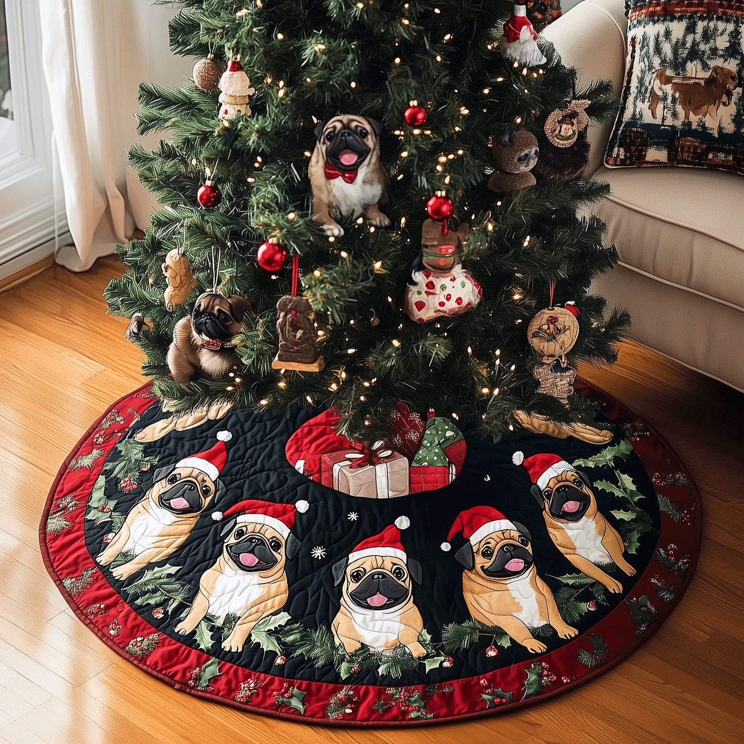 Pug Paws Christmas Quilted Christmas Tree Skirt Charming Tree Skirt for Family Gatherings