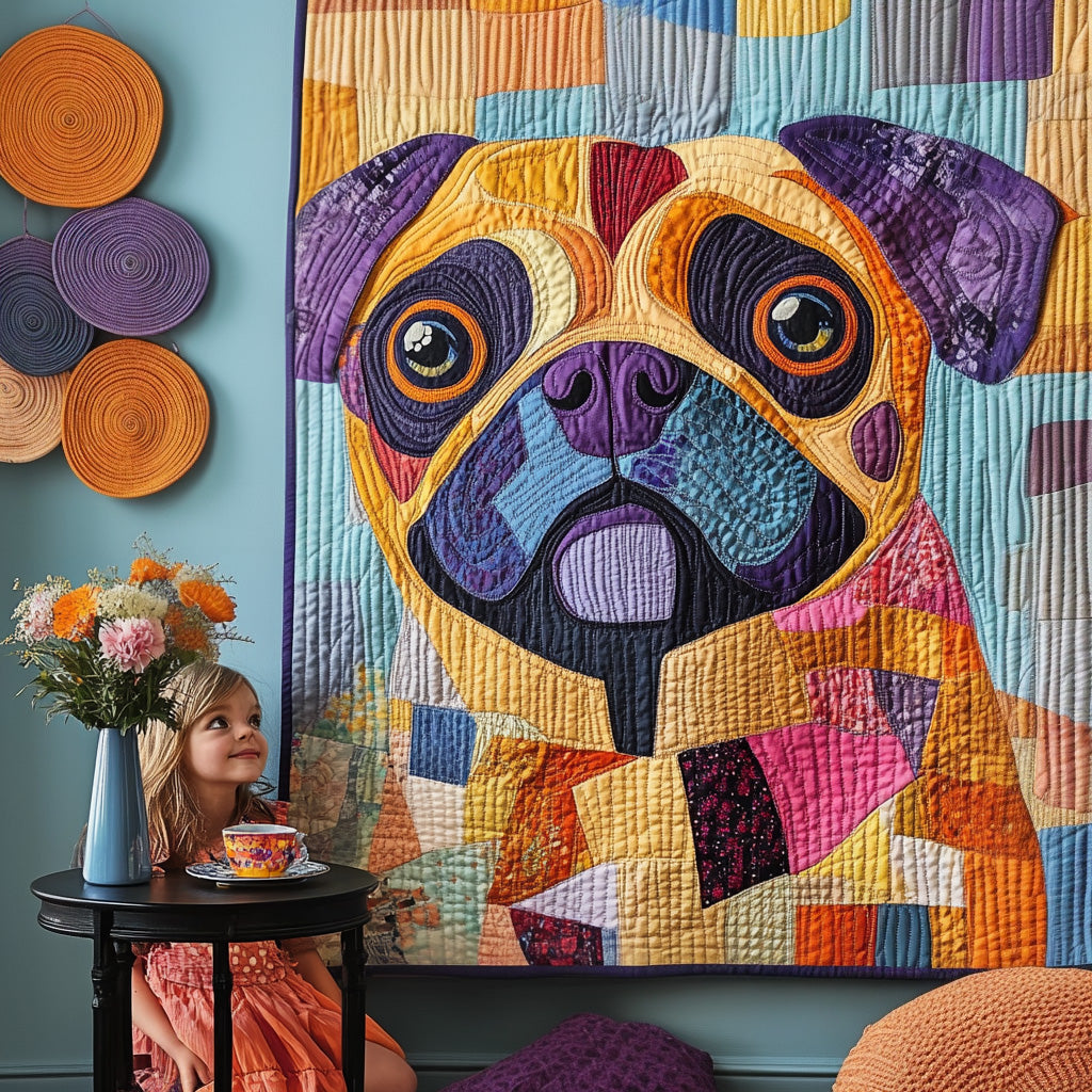 Pug Portrait Quilted Blanket Gift For Animal Lover