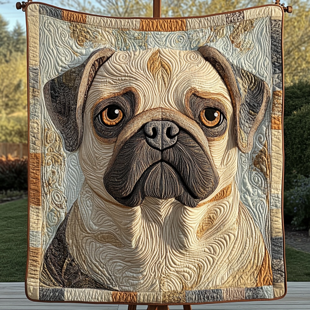 Pug Portrait Quilted Blanket Realistic Dog Art Cozy Bedding Warm Throw Best Gift Pug Dog Owners