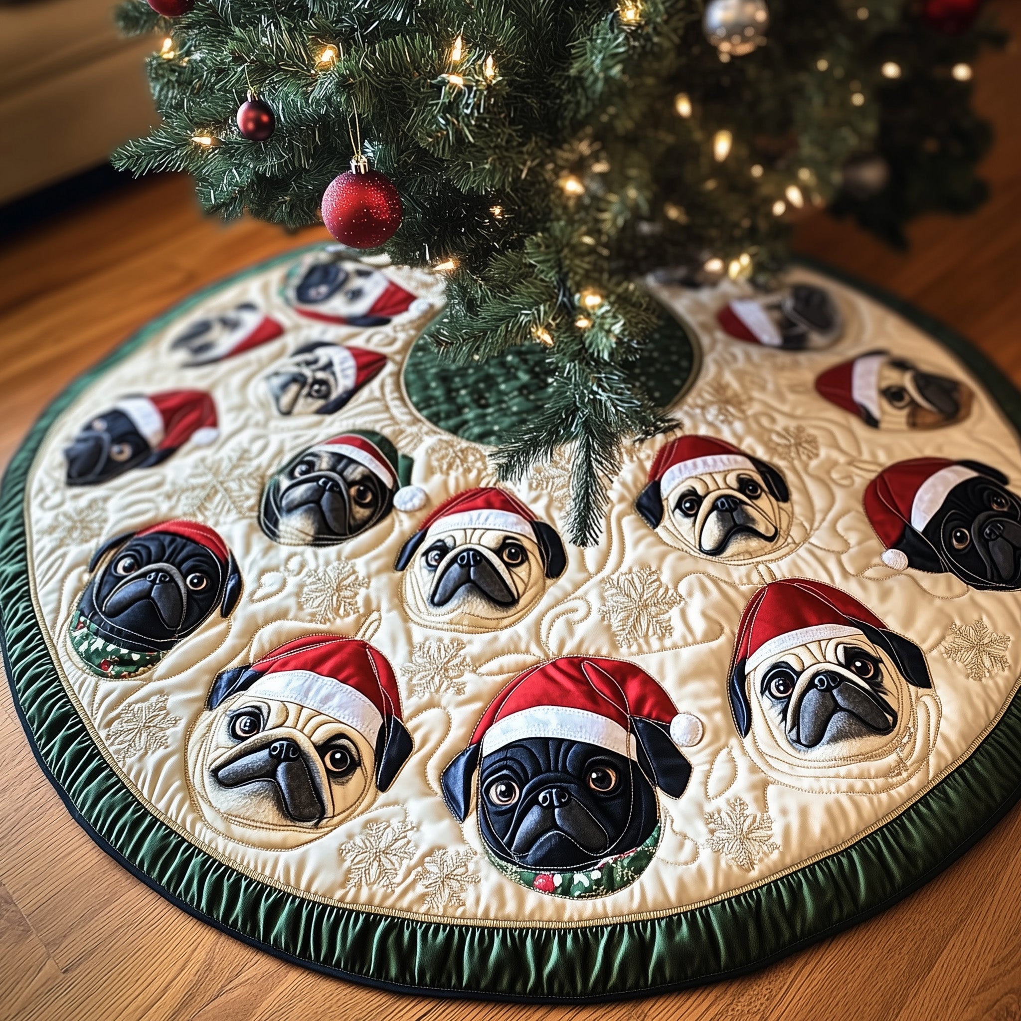 Pug Puppies Quilted Tree Skirt Joyful Home Merch Collection