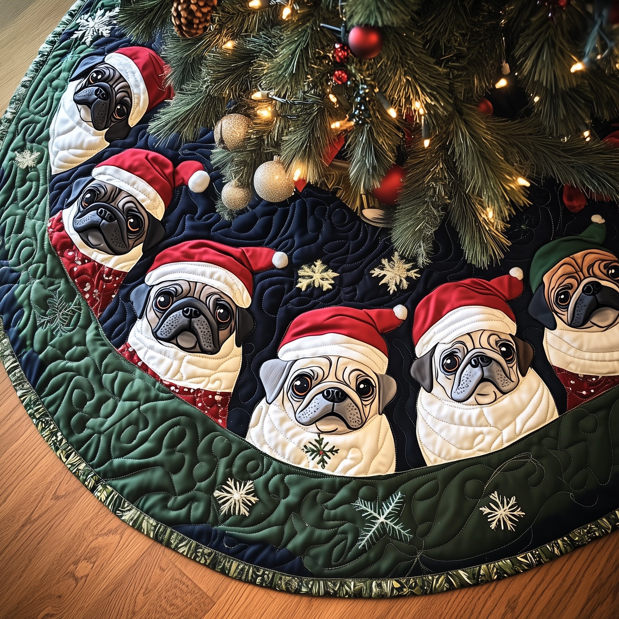 Pug Puppies Quilted Tree Skirt Magical Christmas Spirit Merch