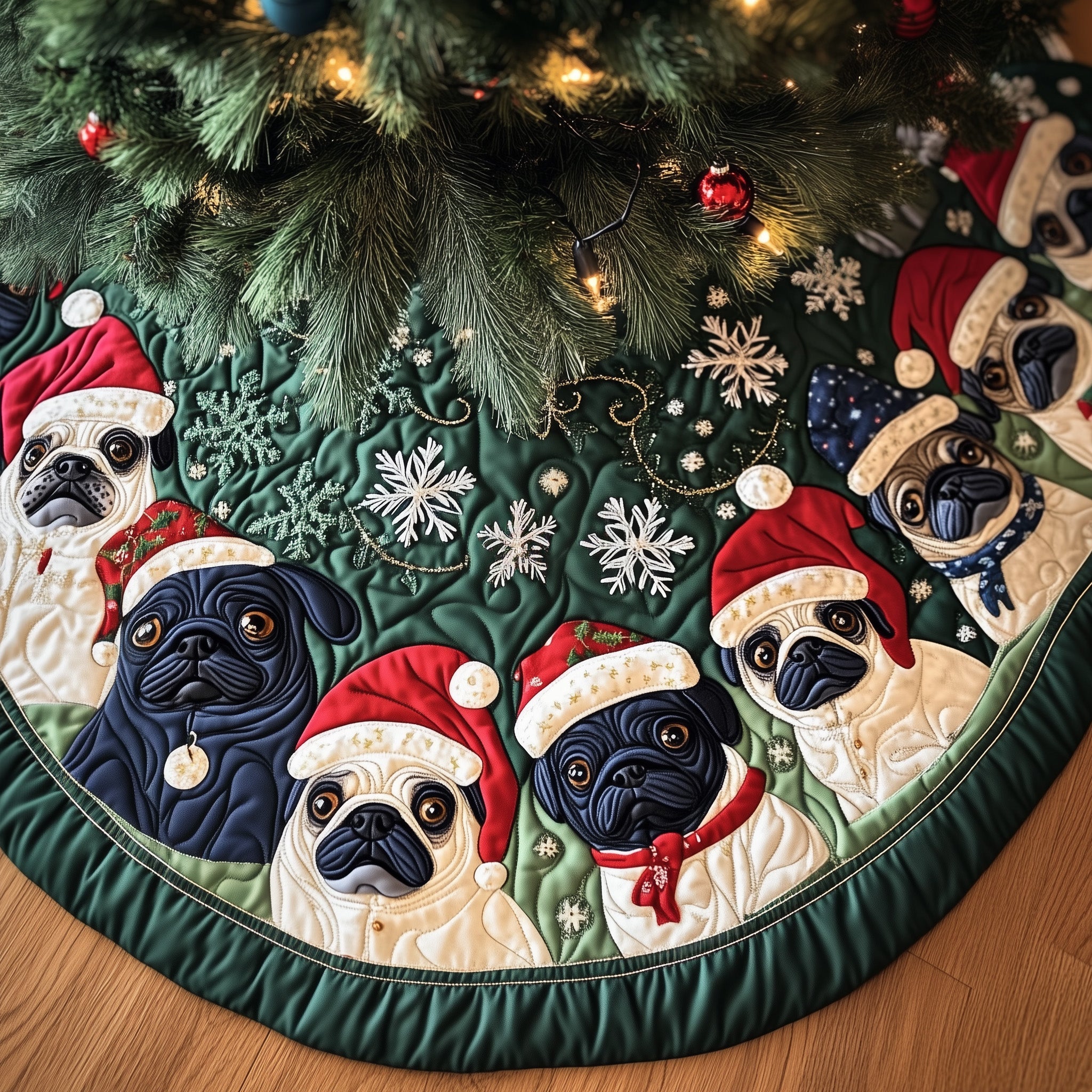 Pug Puppies Quilted Tree Skirt Warm Winter Home Merch