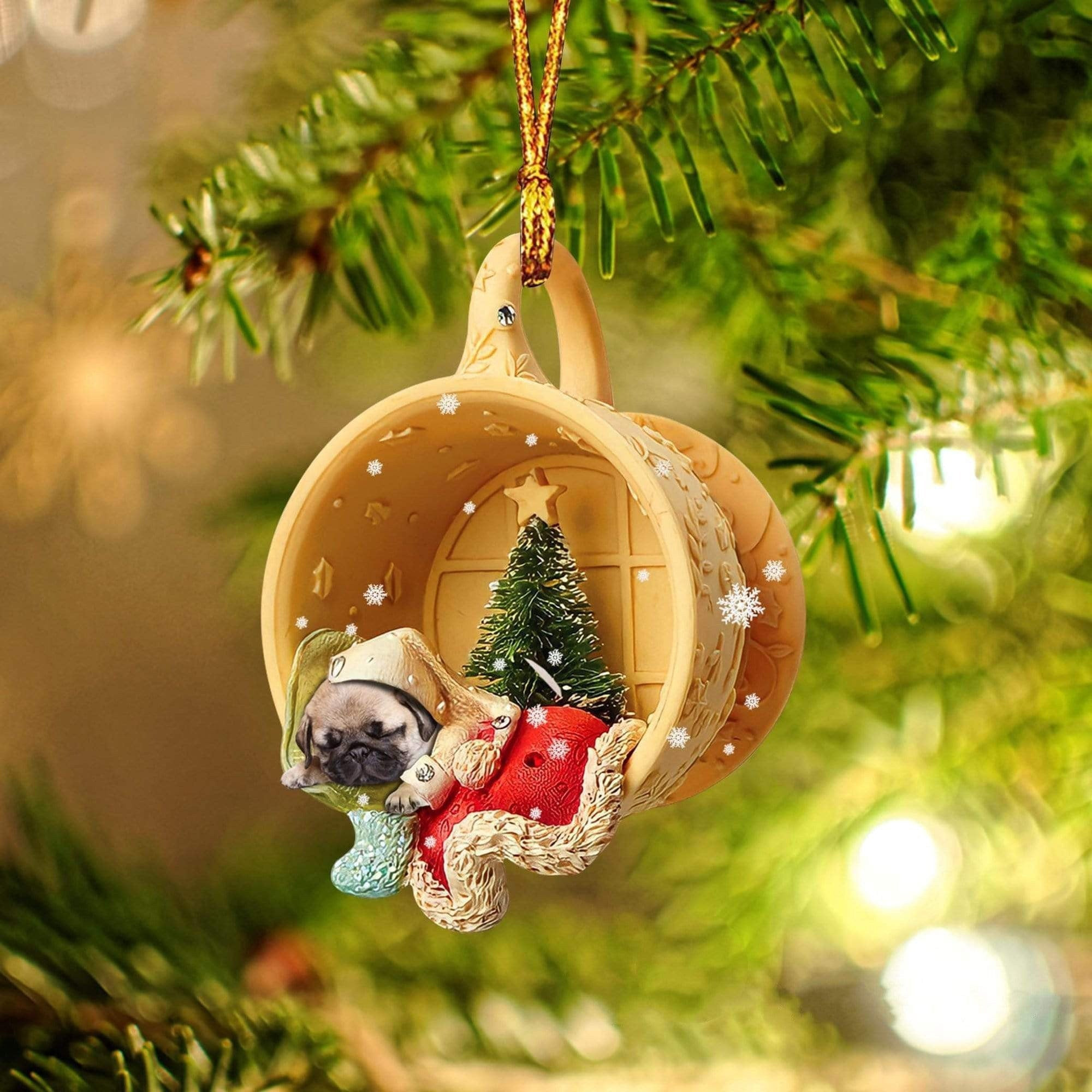 Pug Sleeping In A Cup Christmas Ornament Flat Acrylic Dog Christmas Ornament
