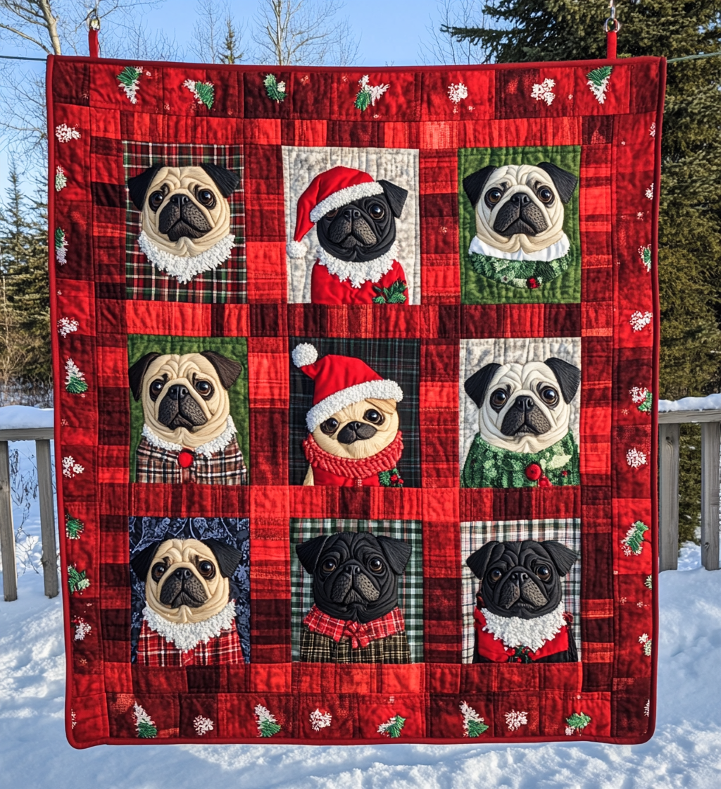 Pug Snowy Adventure Quilted Blanket Best Christmas Gifts For Dog Lovers