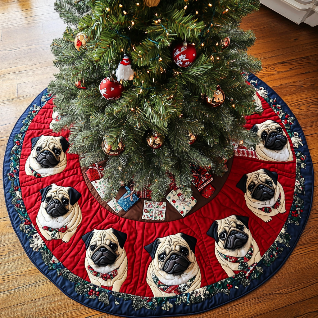 Pug Spirit Christmas Quilted Tree Skirt Practical Quilted Tree Skirt Gift for Holiday Organization