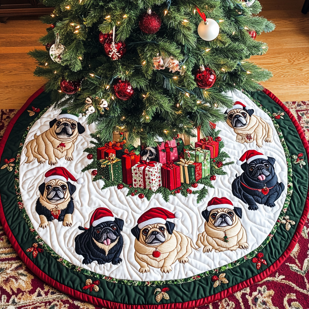 Pug Spirit Christmas Quilted Tree Skirt Xmas Tree Decor Pug Secret Santa Gifts