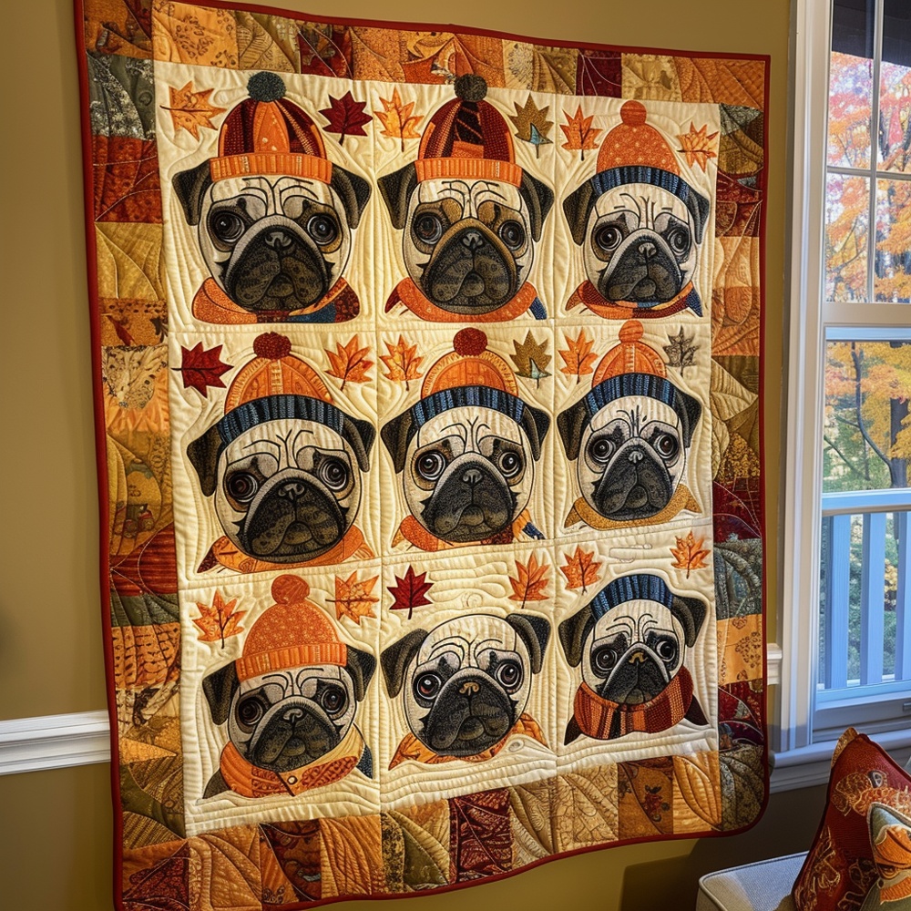 Pug Trio Fall Quilted Blanket Autumn Dog Art Cozy Bedding Warm Throw Best Gift For Pug Dog Fans