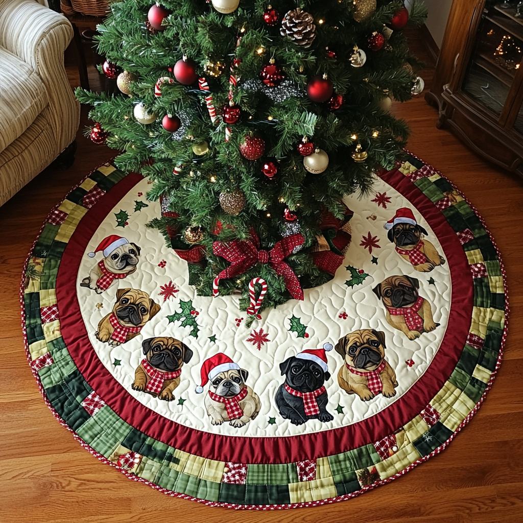 Pug Xmas Joy Christmas Quilted Tree Skirt Classic Red and White Tree Skirt for Traditional Decor