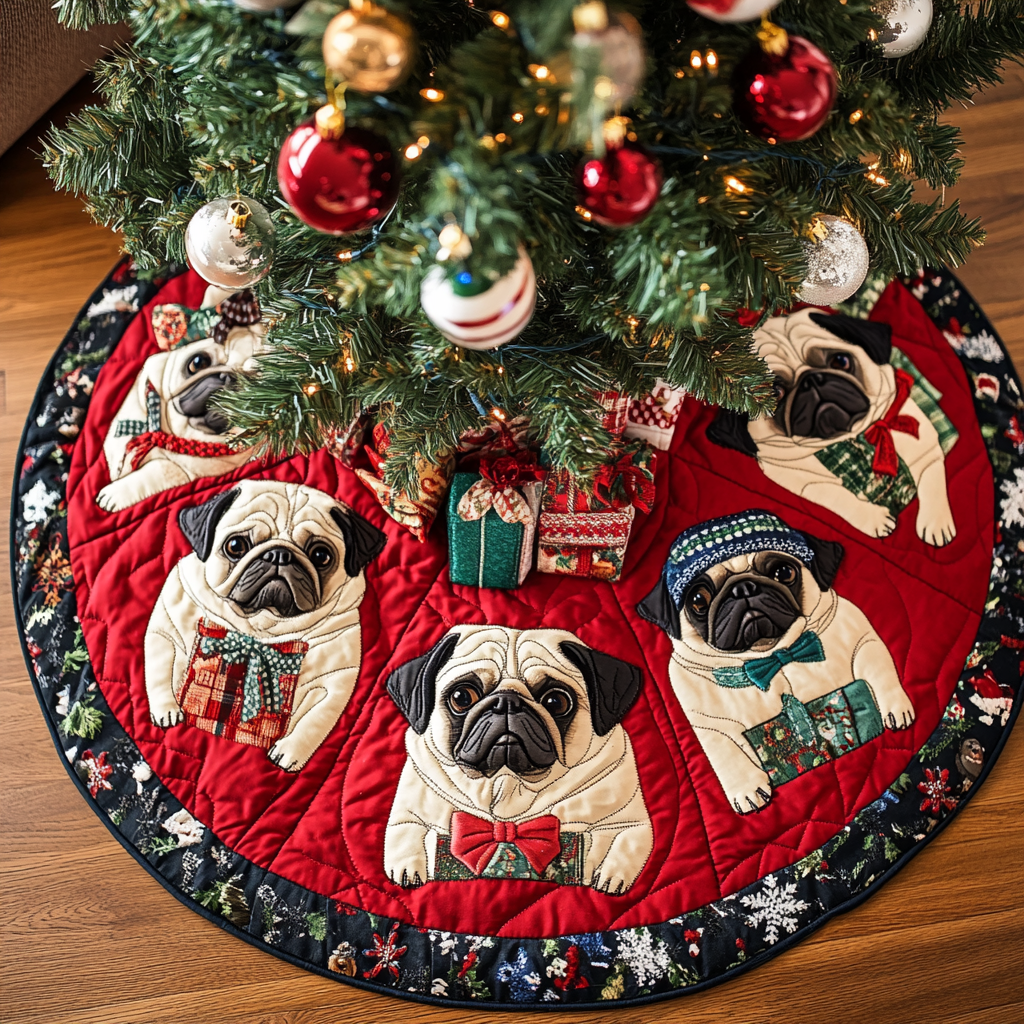 Pug Xmas Joy Christmas Quilted Tree Skirt Lovely Gift Merch for a Festive Home