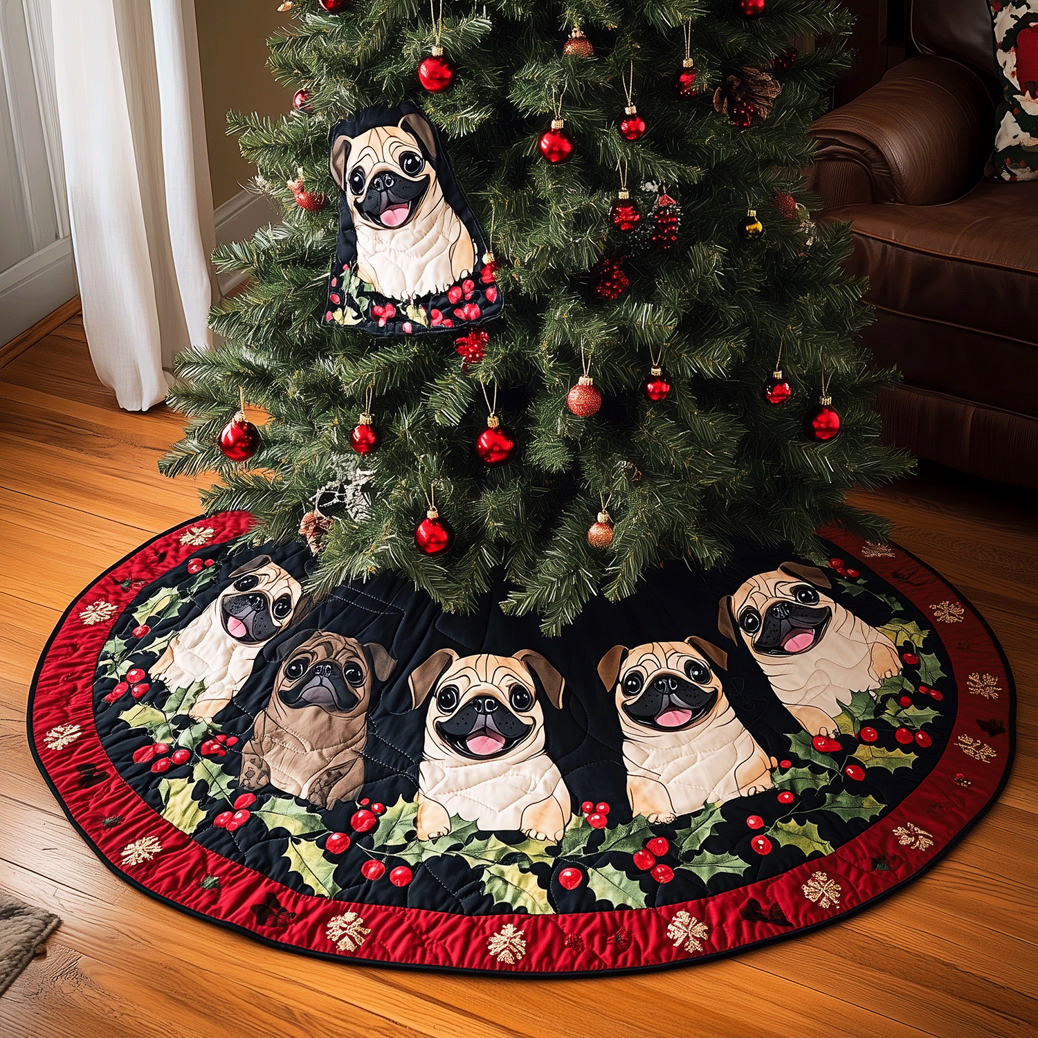 Pug Yuletide Delight Quilted Christmas Tree Skirt Modern Tree Skirt Womens Christmas Gift Ideas