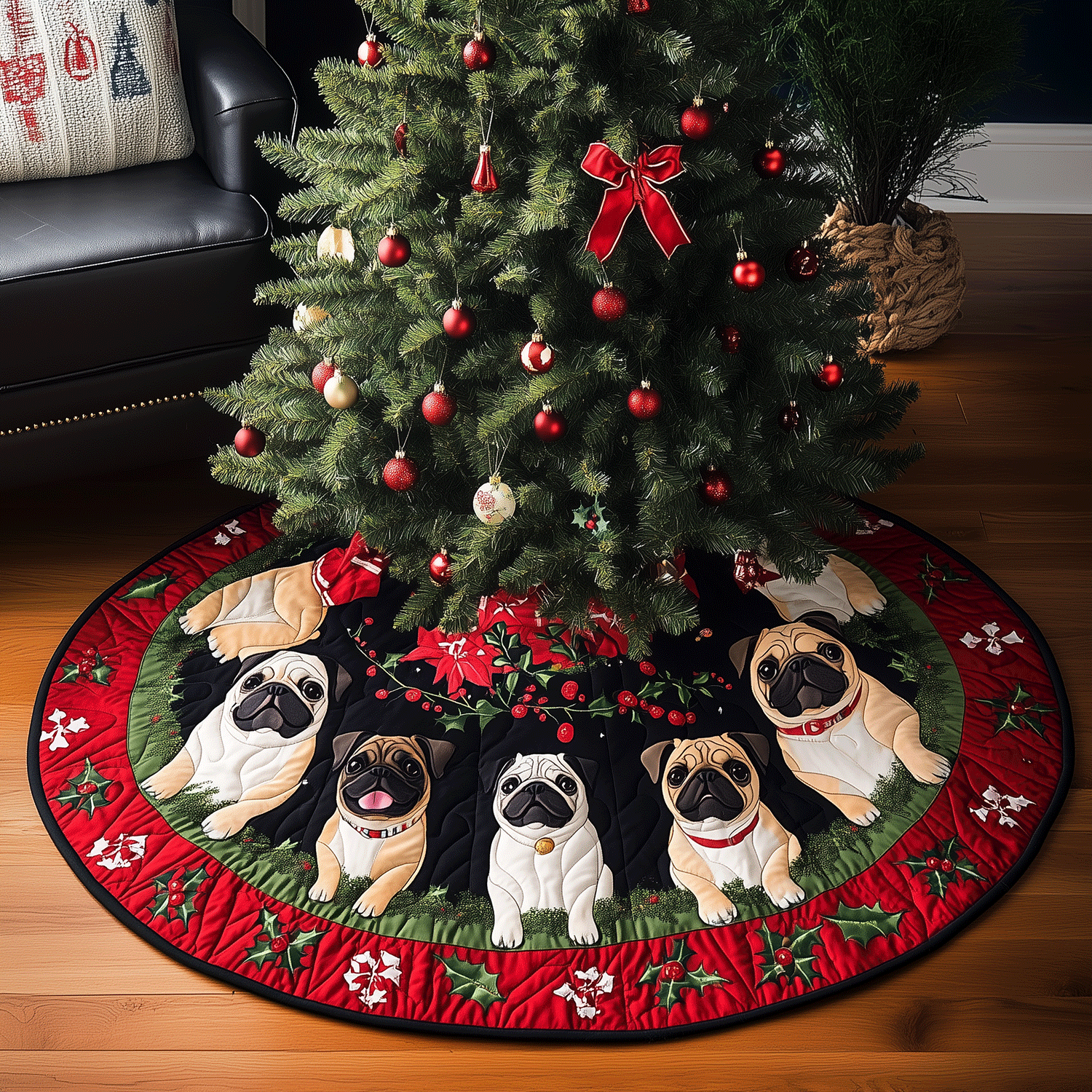 Puggy Christmas Cheer Quilted Christmas Tree Skirt Indoor Christmas Decorations Xmas Gifts For Cousins